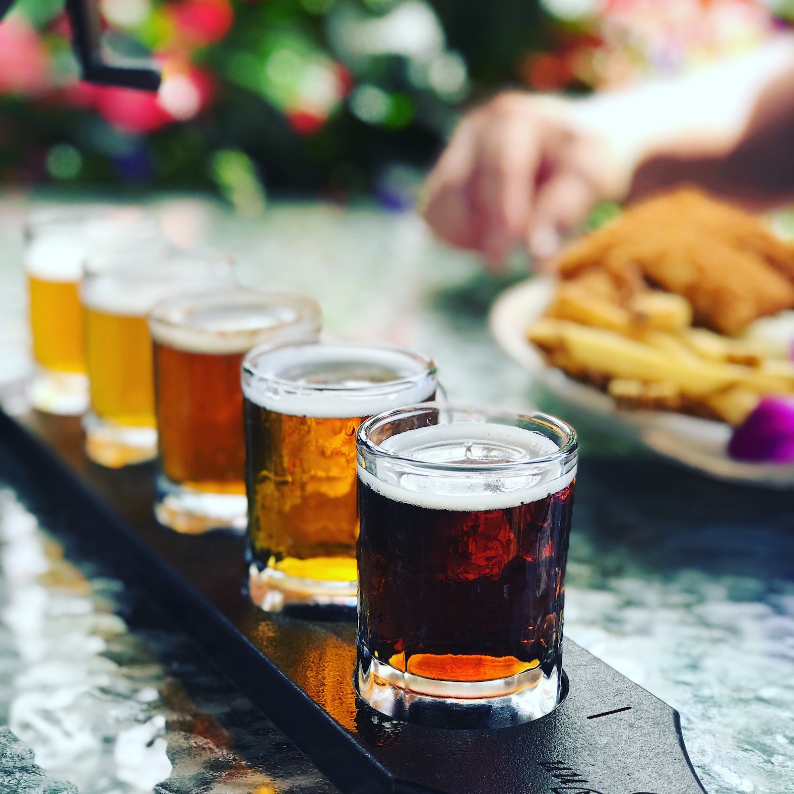 A flight of craft beer at Woodstock Inn Brewery